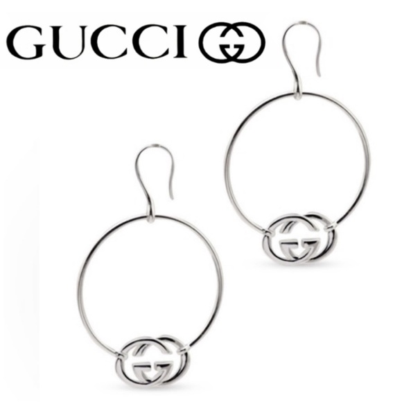 NIB GUCCI GG Britt 925 Silver Hoop Earrings w/ Pouch - Picture 1 of 15